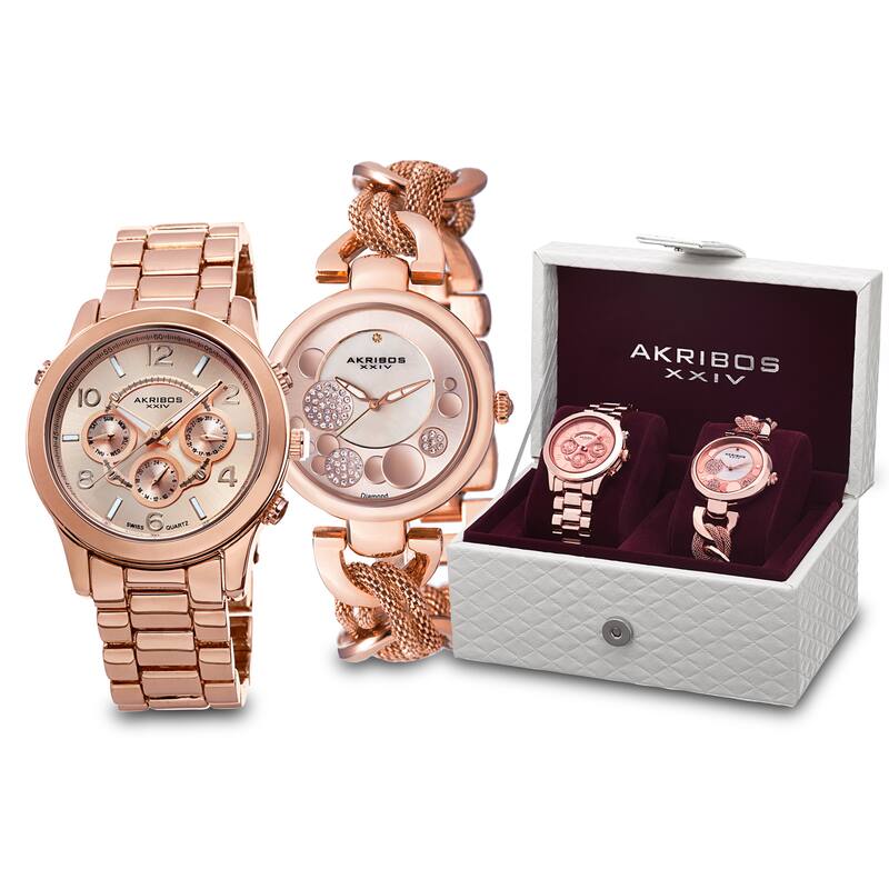 Akribos XXIV Women's Quartz Diamond/Multifunction Rose-Tone Bracelet Watch Set
