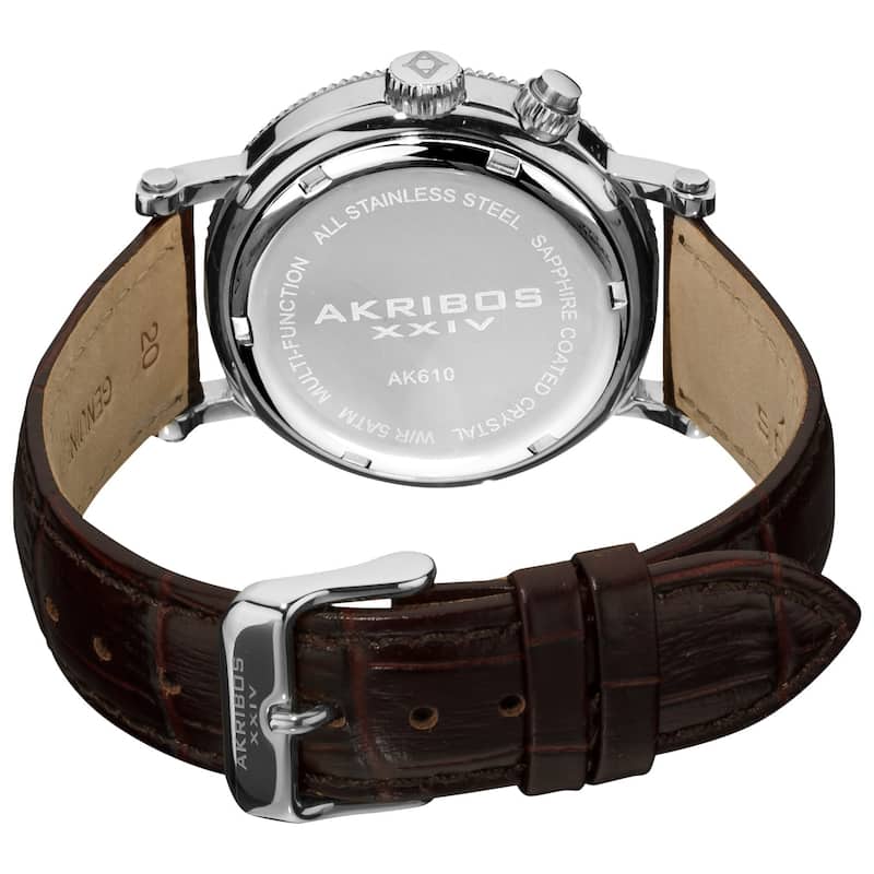 Akribos XXIV Men's Swiss Quartz Multifunction Leather Silver-Tone Strap Watch