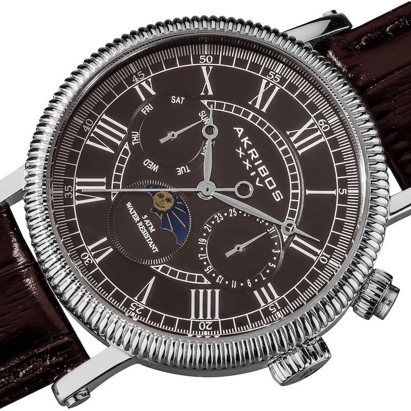 Akribos XXIV Men's Swiss Quartz Multifunction Leather Silver-Tone Strap Watch