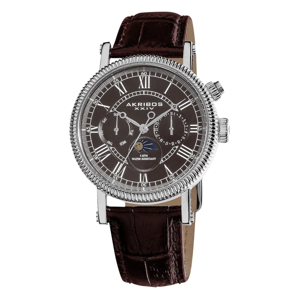 Akribos XXIV Men's Swiss Quartz Multifunction Leather Silver-Tone Strap Watch
