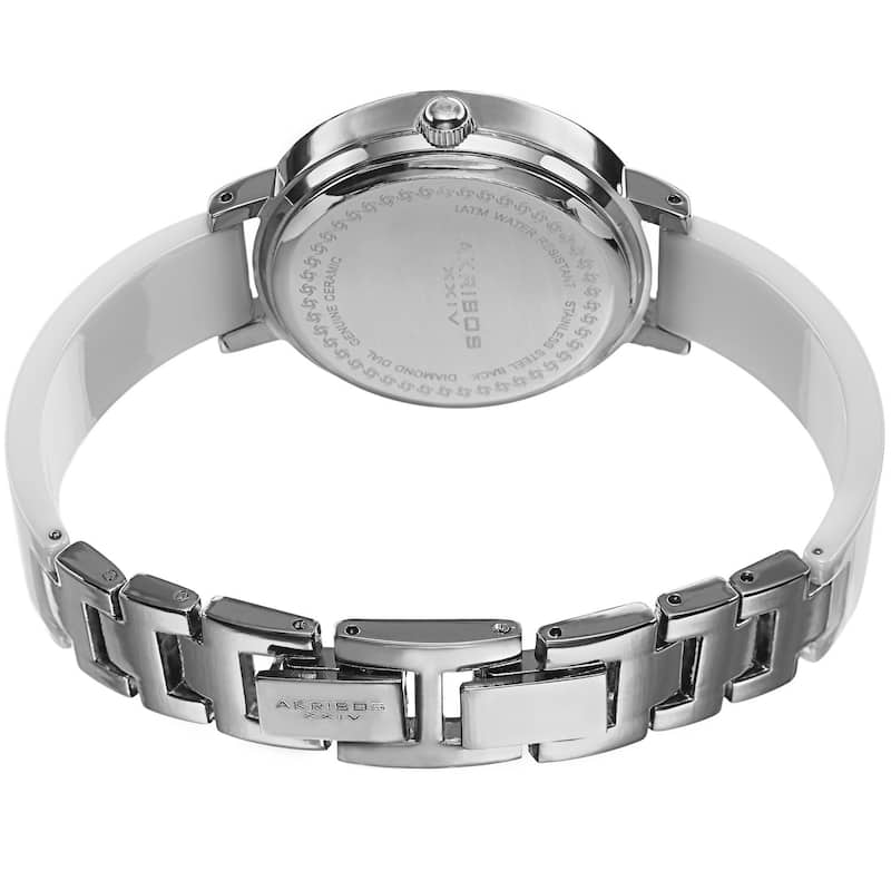 Akribos XXIV Women's Swiss Quartz Diamond-Accented Ceramic Bangle Silver-Tone Watch