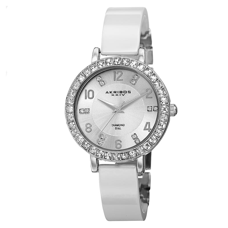 Akribos XXIV Women's Swiss Quartz Diamond-Accented Ceramic Bangle Silver-Tone Watch