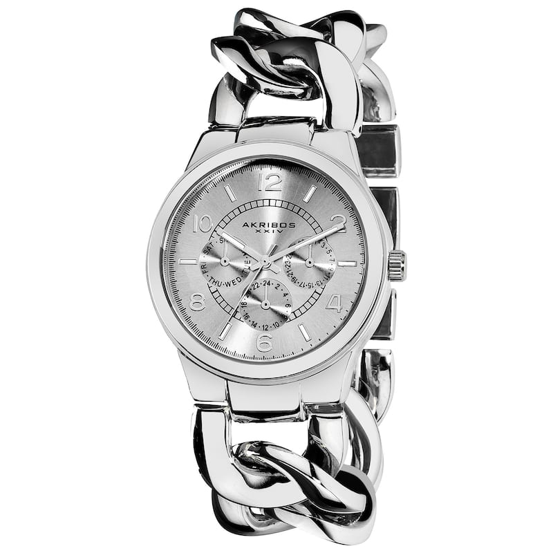 Akribos XXIV Women's Quartz Diamond/Multifunction Chain Link Silver-Tone Bracelet Watch Set
