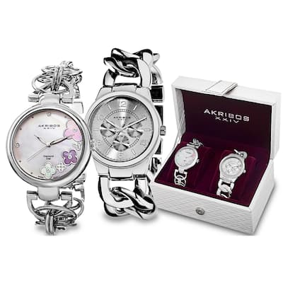 Akribos XXIV Women's Quartz Diamond/Multifunction Chain Link Silver-Tone Bracelet Watch Set