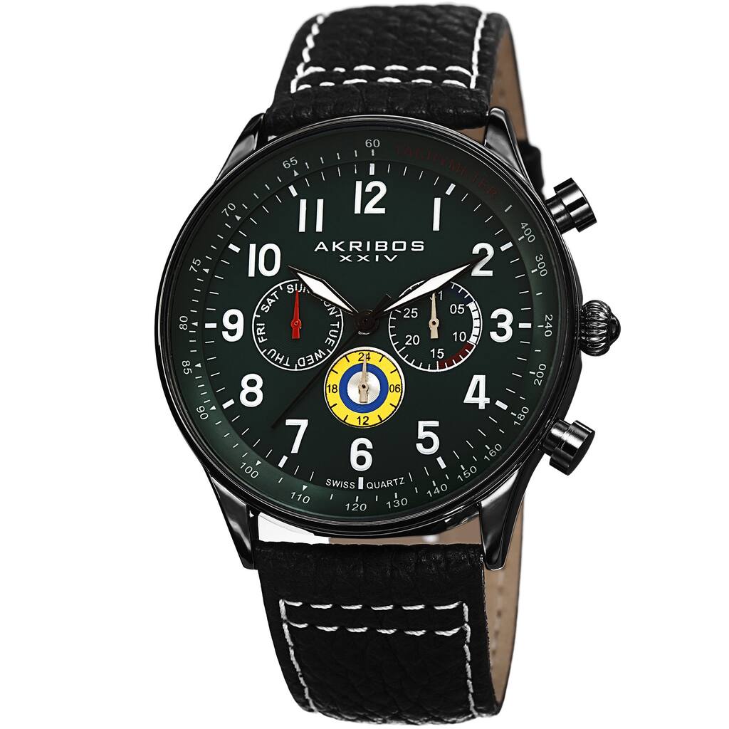 Akribos XXIV Men's Swiss Quartz Multifunction Tachymeter Leather Green Strap Watch