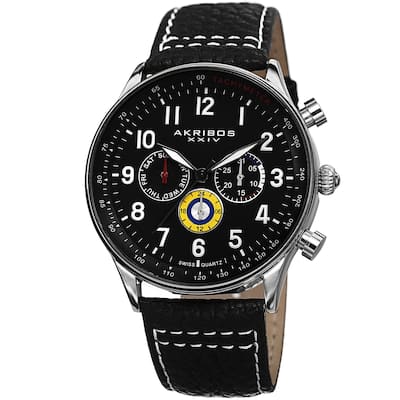 Akribos XXIV Men's Swiss Quartz Multifunction Tachymeter Leather Silver-Tone Strap Watch