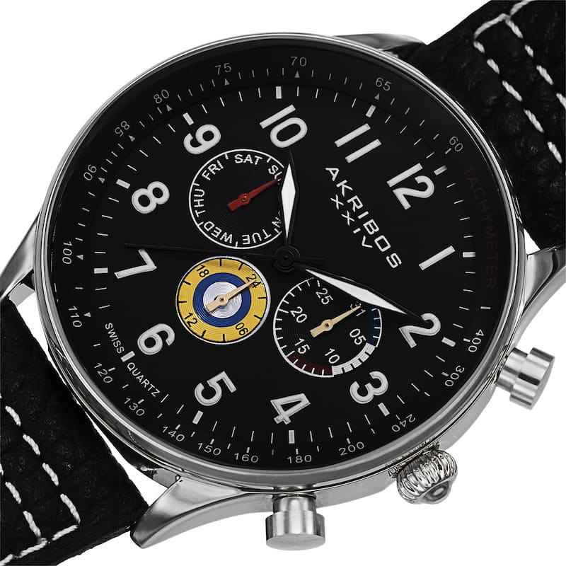 Akribos XXIV Men's Swiss Quartz Multifunction Tachymeter Leather Silver-Tone Strap Watch