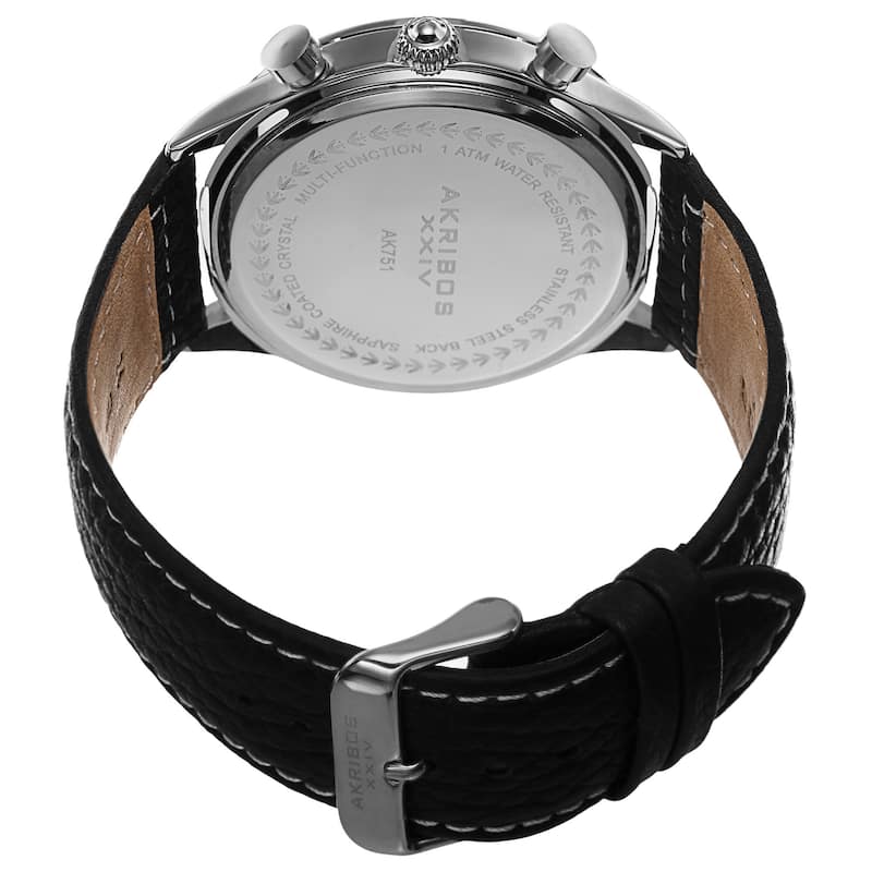 Akribos XXIV Men's Swiss Quartz Multifunction Tachymeter Leather Silver-Tone Strap Watch