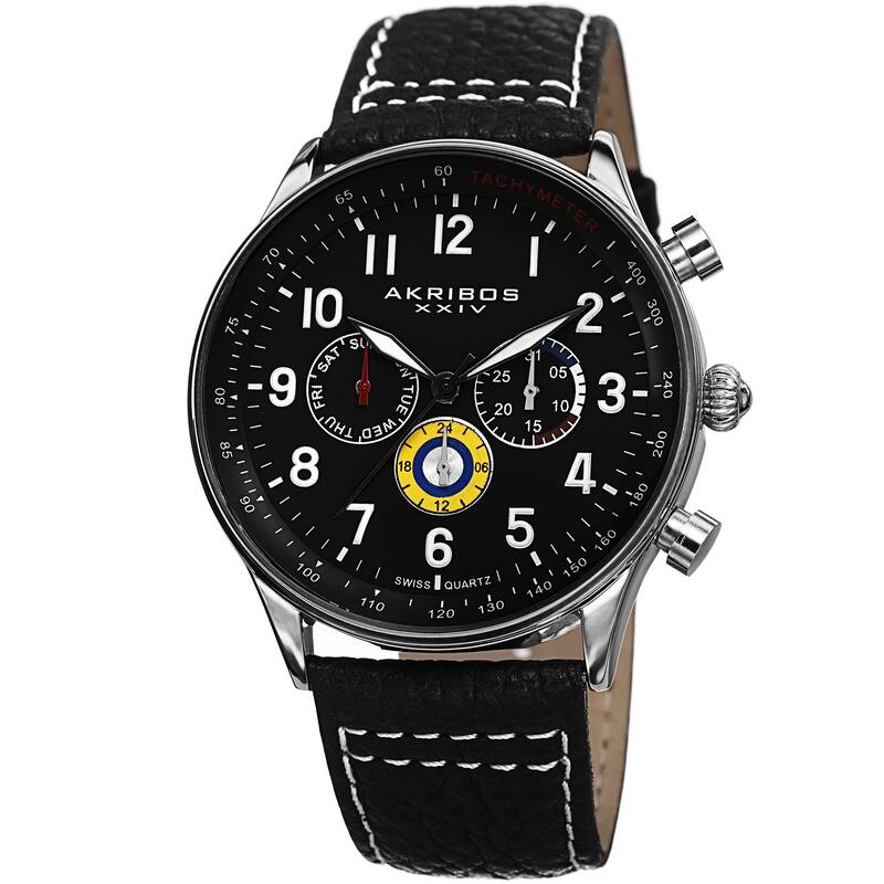 Akribos XXIV Men's Swiss Quartz Multifunction Tachymeter Leather Silver-Tone Strap Watch