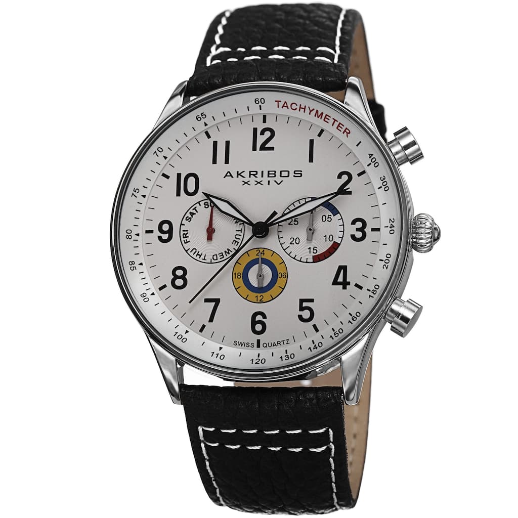 Akribos XXIV Men's Swiss Quartz Multifunction Tachymeter Leather Silver-Tone Strap Watch