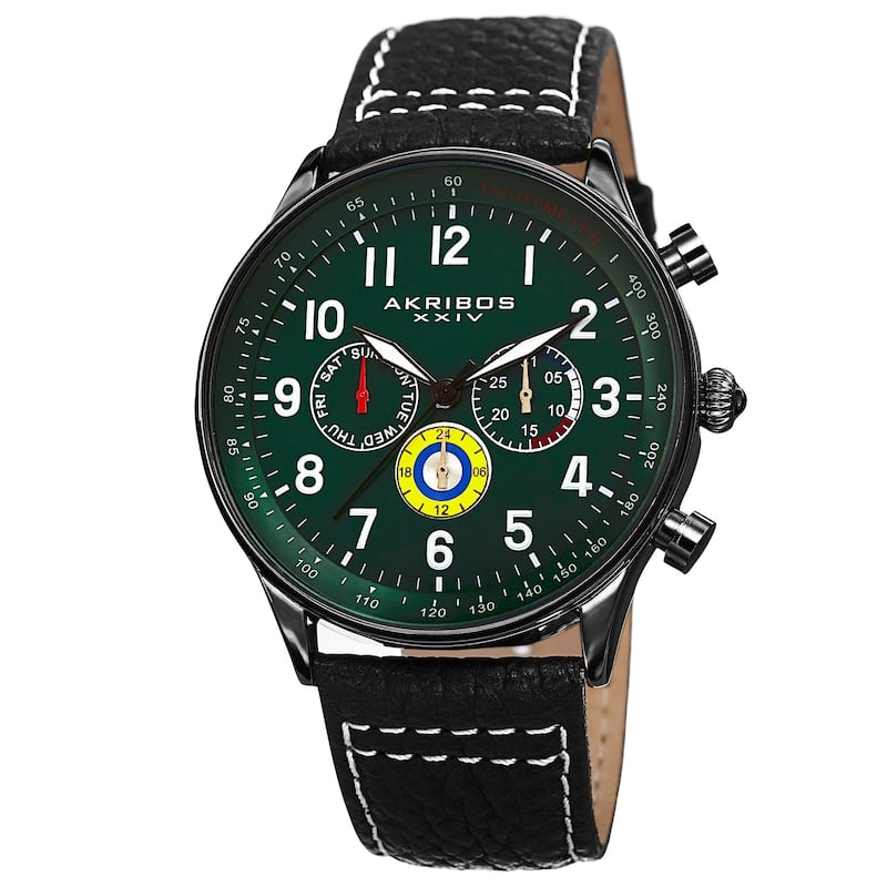 Akribos XXIV Men's Swiss Quartz Multifunction Tachymeter Leather Strap Watch