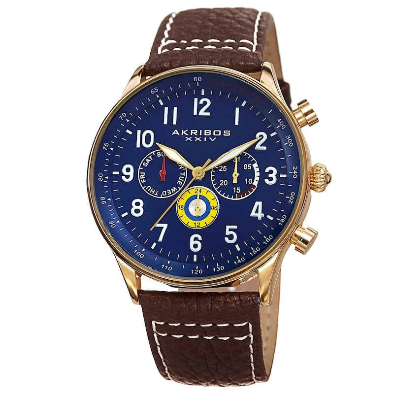 Akribos XXIV Men's Swiss Quartz Multifunction Tachymeter Leather Strap Watch