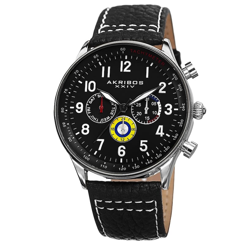 Akribos XXIV Men's Swiss Quartz Multifunction Tachymeter Leather Strap Watch - Black/Black