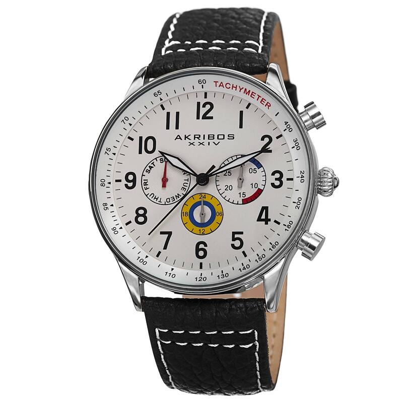 Akribos XXIV Men's Swiss Quartz Multifunction Tachymeter Leather Strap Watch
