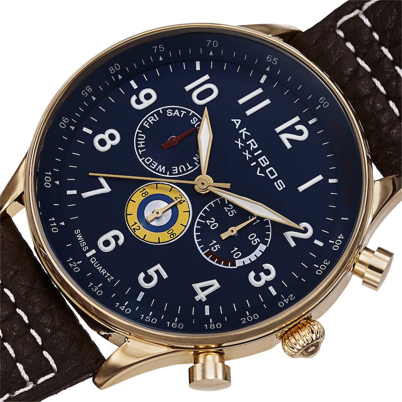 Akribos XXIV Men's Swiss Quartz Multifunction Tachymeter Leather Strap Watch