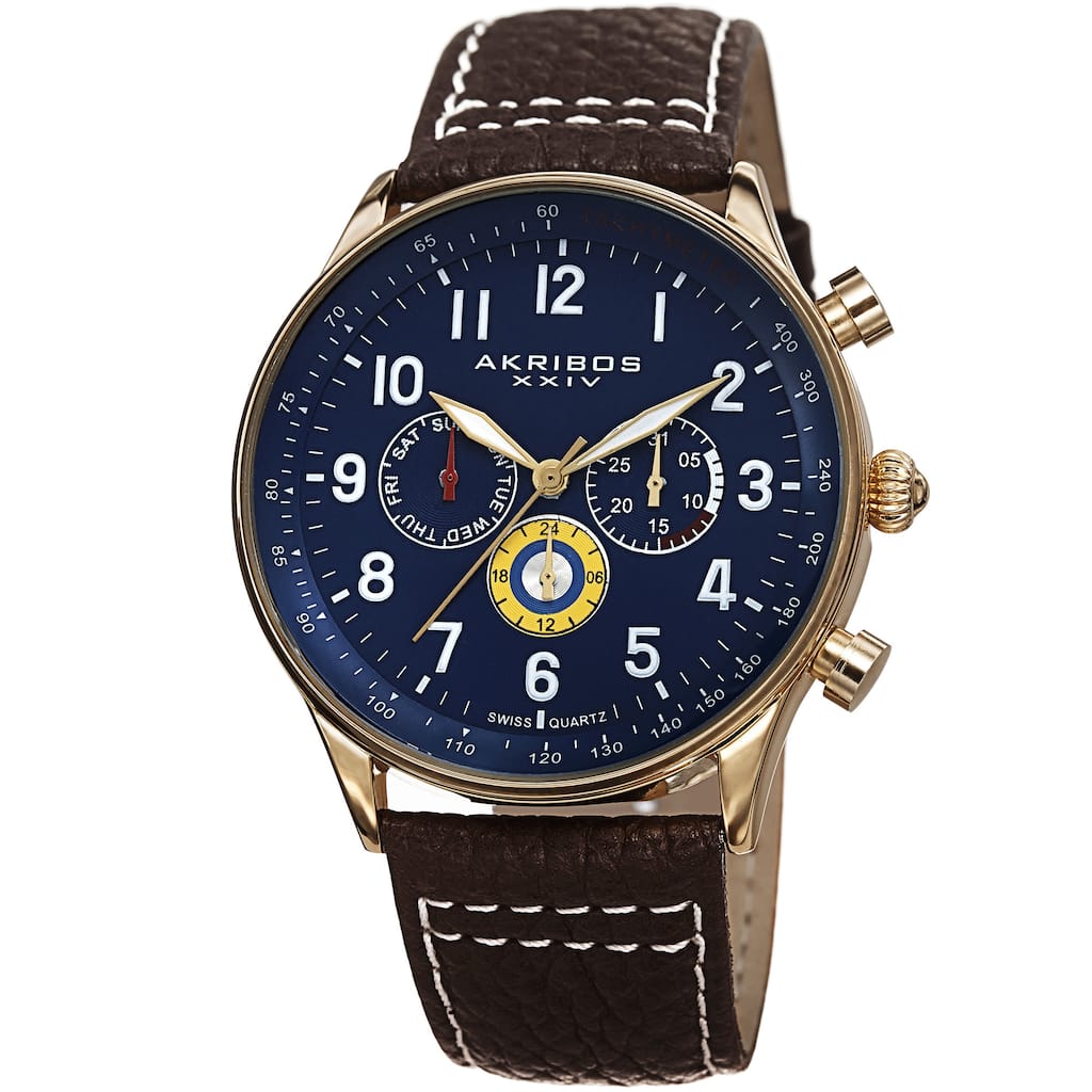 Akribos XXIV Men's Swiss Quartz Multifunction Tachymeter Leather Strap Watch