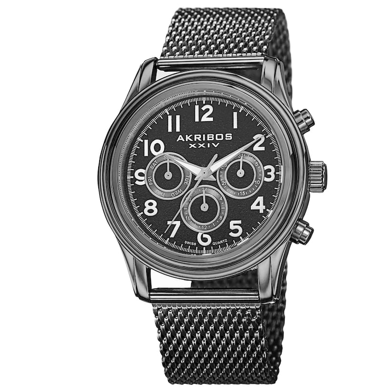 Akribos XXIV Men's Swiss Quartz Stainless Steel Mesh Black Strap Watch
