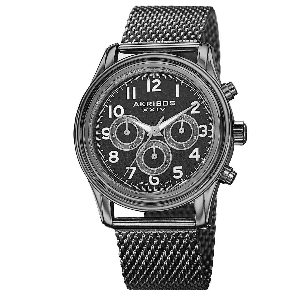 Akribos XXIV Men's Swiss Quartz Stainless Steel Mesh Black Strap Watch
