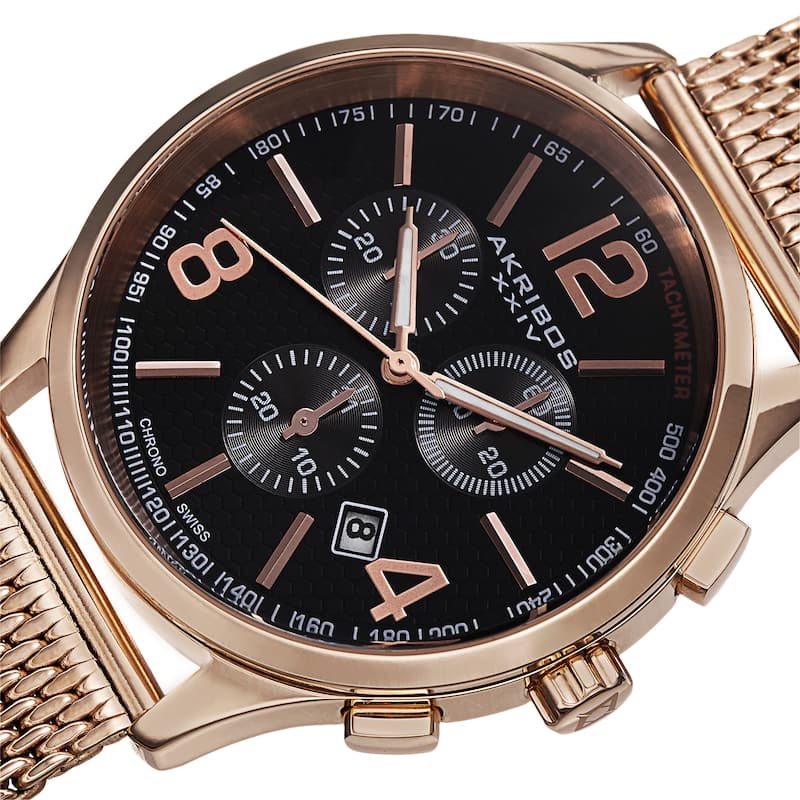 Akribos XXIV Men's Swiss Quartz Chronograph Stainless Steel Mesh Rose-Tone Bracelet Watch