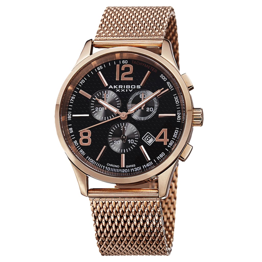 Akribos XXIV Men's Swiss Quartz Chronograph Stainless Steel Mesh Rose-Tone Bracelet Watch