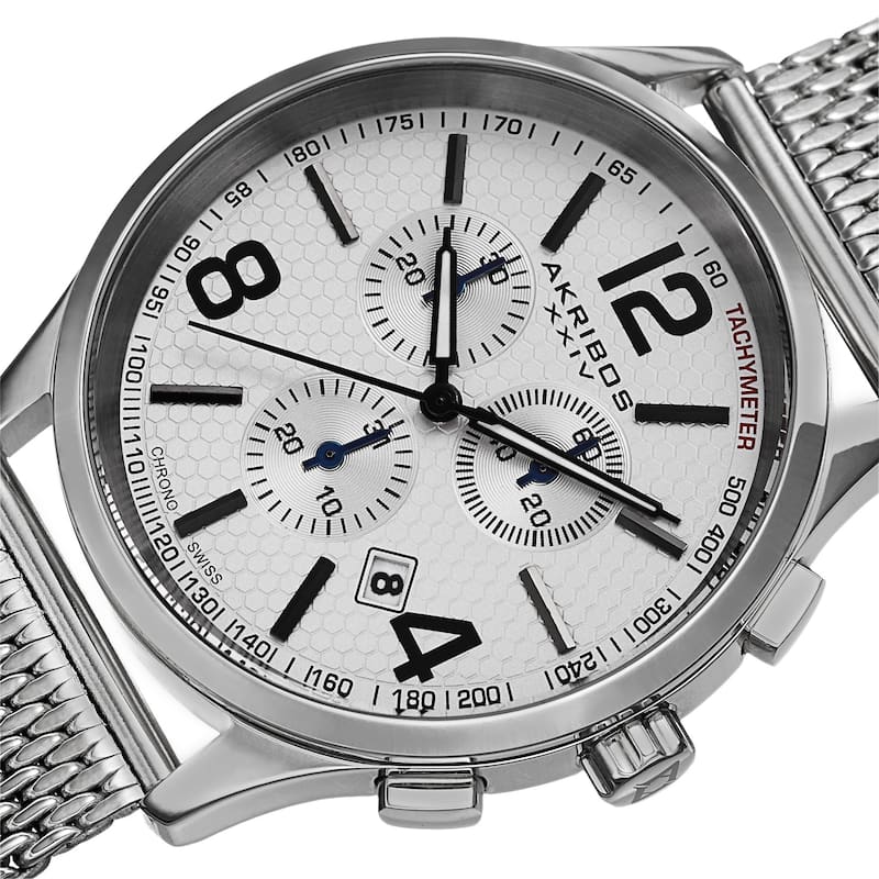 Akribos XXIV Men's Swiss Quartz Chronograph Stainless Steel Mesh Silver-Tone Bracelet Watch
