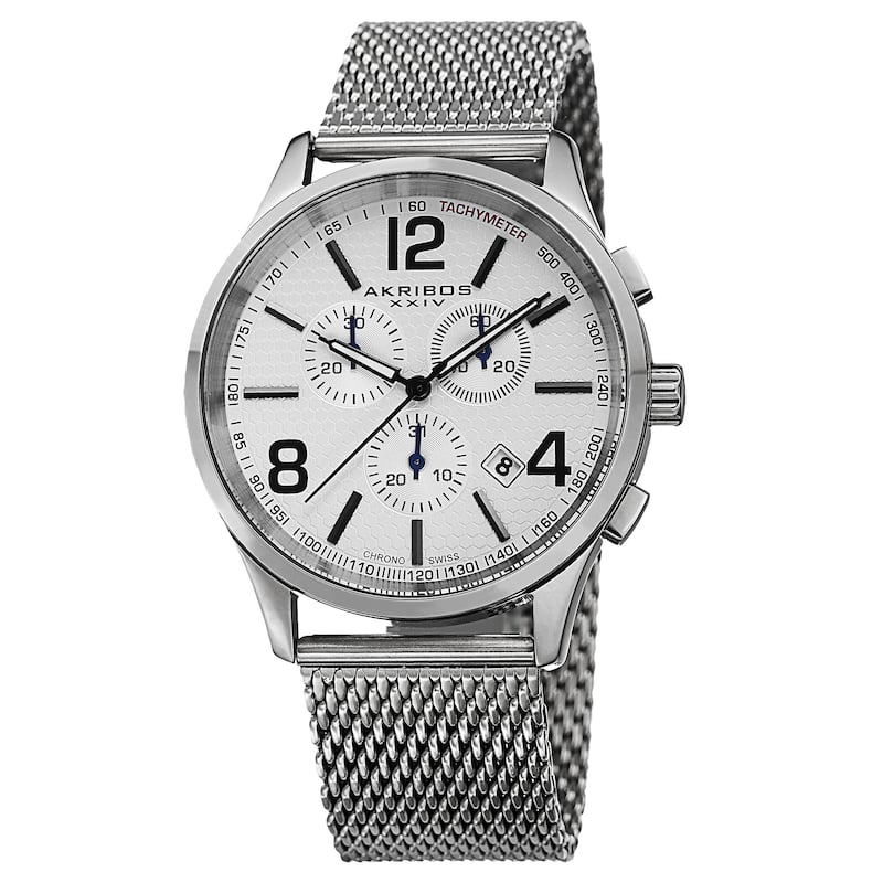 Akribos XXIV Men's Swiss Quartz Chronograph Stainless Steel Mesh Silver-Tone Bracelet Watch