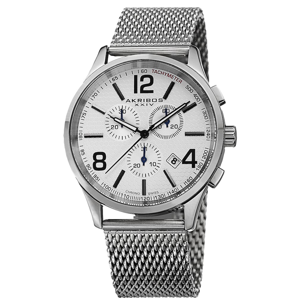 Akribos XXIV Men's Swiss Quartz Chronograph Stainless Steel Mesh Silver-Tone Bracelet Watch