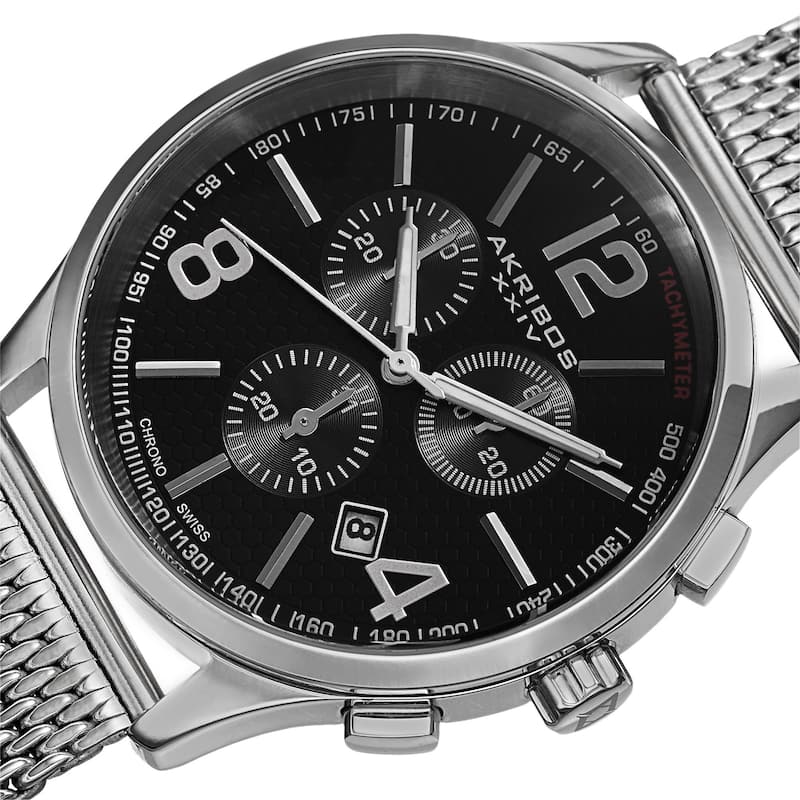 Akribos XXIV Men's Swiss Quartz Chronograph Stainless Steel Mesh Silver-Tone Bracelet Watch