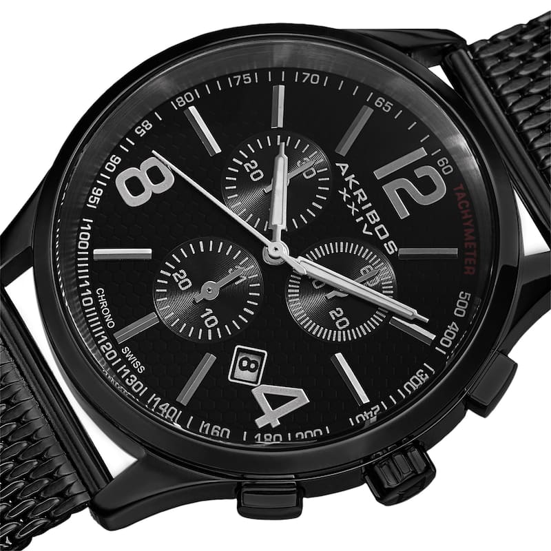 Akribos XXIV Men's Swiss Quartz Chronograph Stainless Steel Mesh Black Bracelet Watch