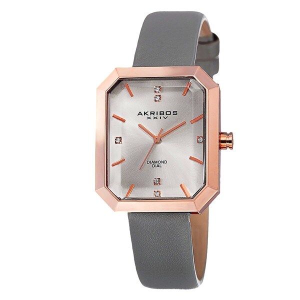 Akribos XXIV Women's Swiss Quartz Diamond Leather Grey Strap Watch