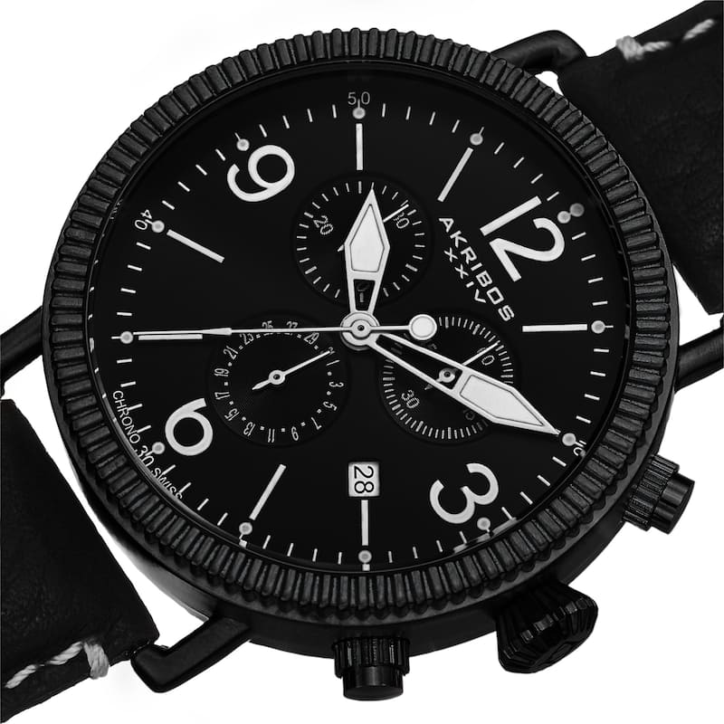 Akribos XXIV Men's Swiss Quartz Chronograph Leather Black Strap Watch