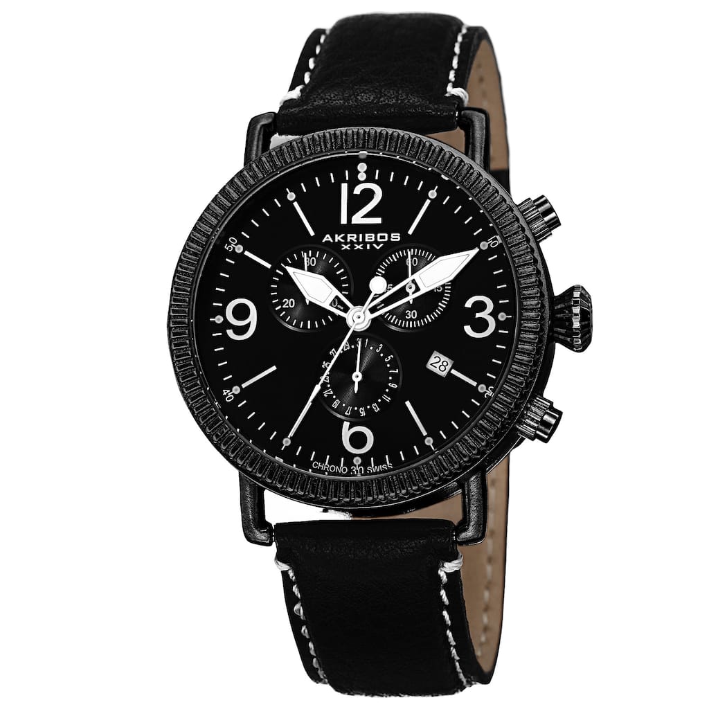 Akribos XXIV Men's Swiss Quartz Chronograph Leather Black Strap Watch