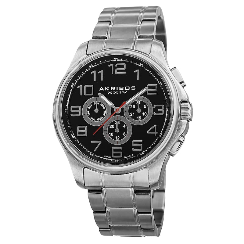 Akribos XXIV Men's Swiss Quartz Multifunction Stainless Steel Silver-Tone Bracelet Watch