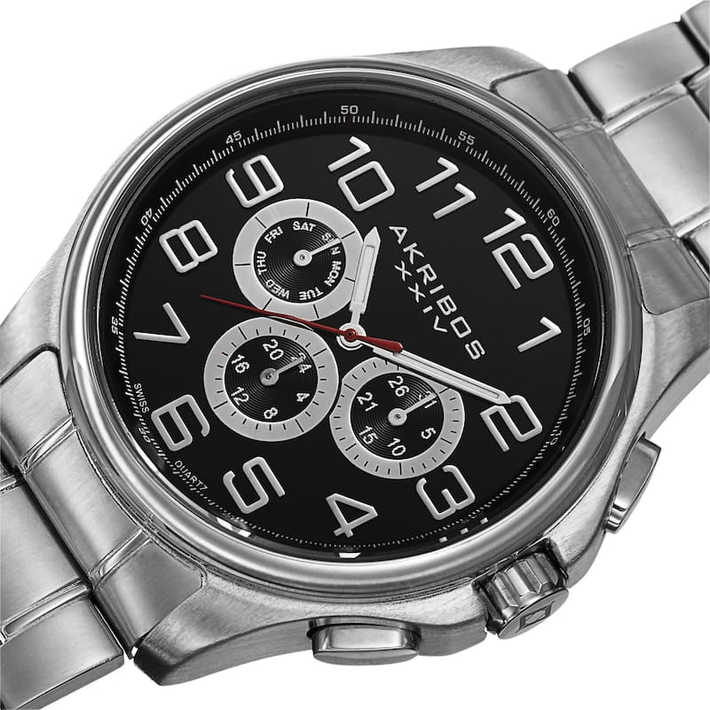 Akribos XXIV Men's Swiss Quartz Multifunction Stainless Steel Silver-Tone Bracelet Watch