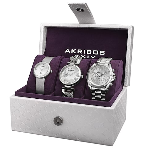 Akribos XXIV Women's Quartz Diamond Multifunction Silver-Tone Watch Set