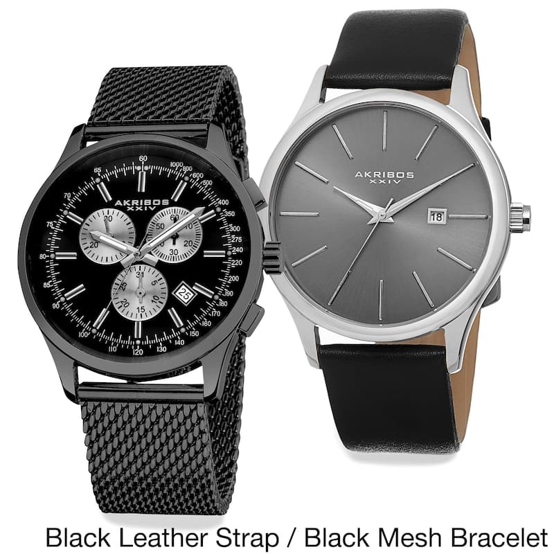 Akribos XXIV Men's Quartz Chronograph Strap/Bracelet Watch Set of 2 - Black Leather Strap/Black Mesh Bracelet
