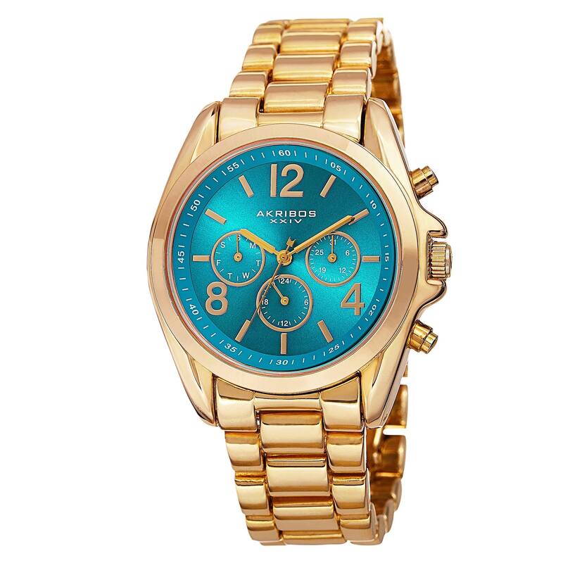 Akribos XXIV Women's Swiss Quartz Multifunction Bright-Colored Dial Gold-Tone Bracelet Watch