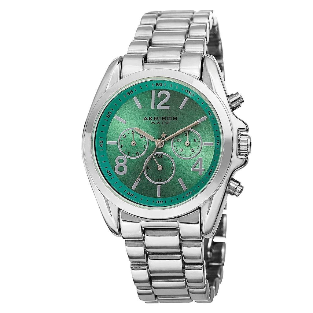 Akribos XXIV Women's Swiss Quartz Multifunction Bright-Colored Dial Silver-Tone Bracelet Watch