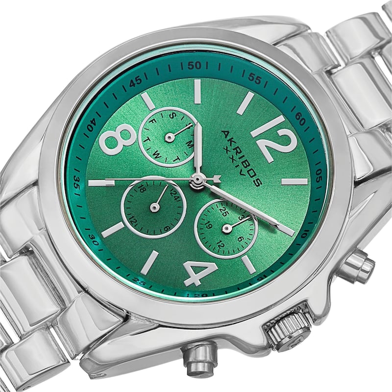 Akribos XXIV Women's Swiss Quartz Multifunction Bright-Colored Dial Silver-Tone Bracelet Watch