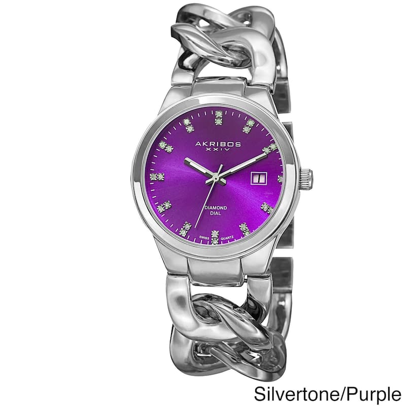 Akribos XXIV Women's Swiss Quartz Diamond-Accented Chain Link Silver-Tone Bracelet Watch