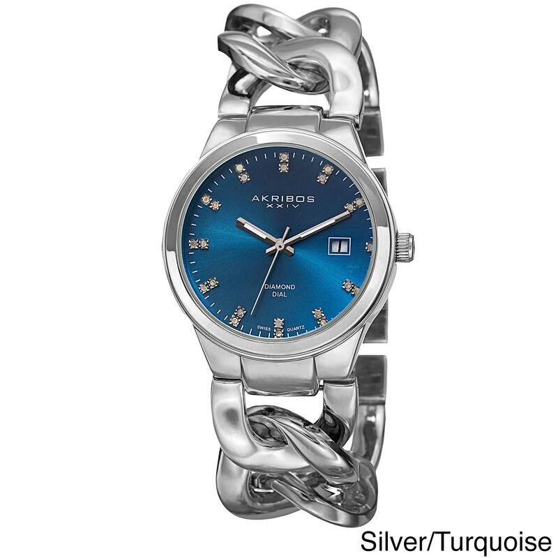 Akribos XXIV Women's Swiss Quartz Diamond-Accented Chain Link Silver-Tone Bracelet Watch - Silver / Turquoise