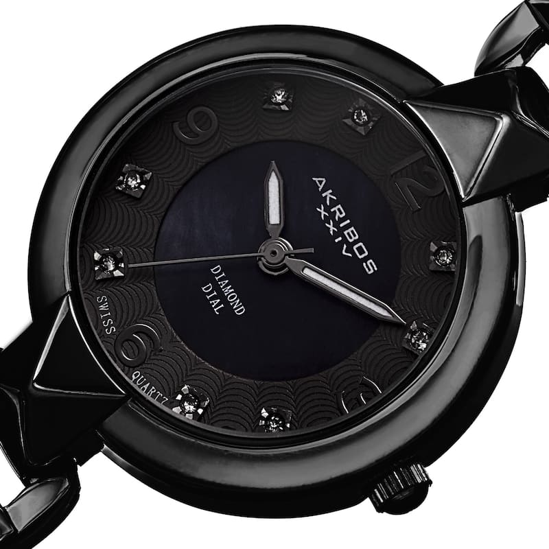 Akribos XXIV Women's Diamond-Accented Swiss Quartz Pyramid Cut Black Bracelet Watch