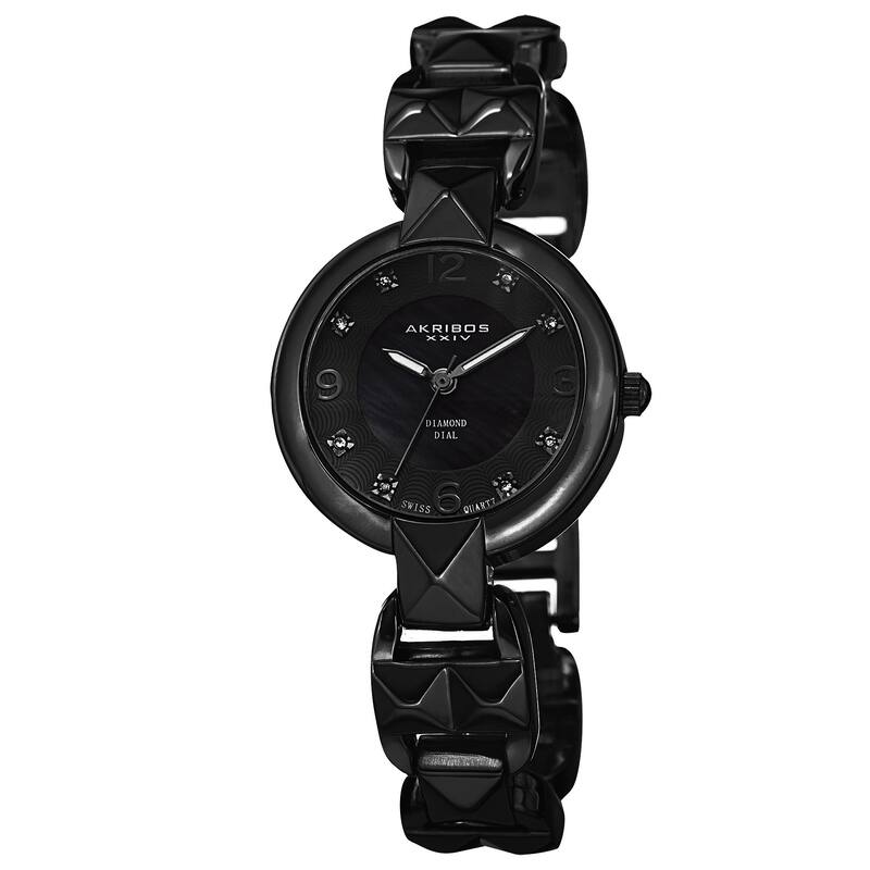 Akribos XXIV Women's Diamond-Accented Swiss Quartz Pyramid Cut Black Bracelet Watch