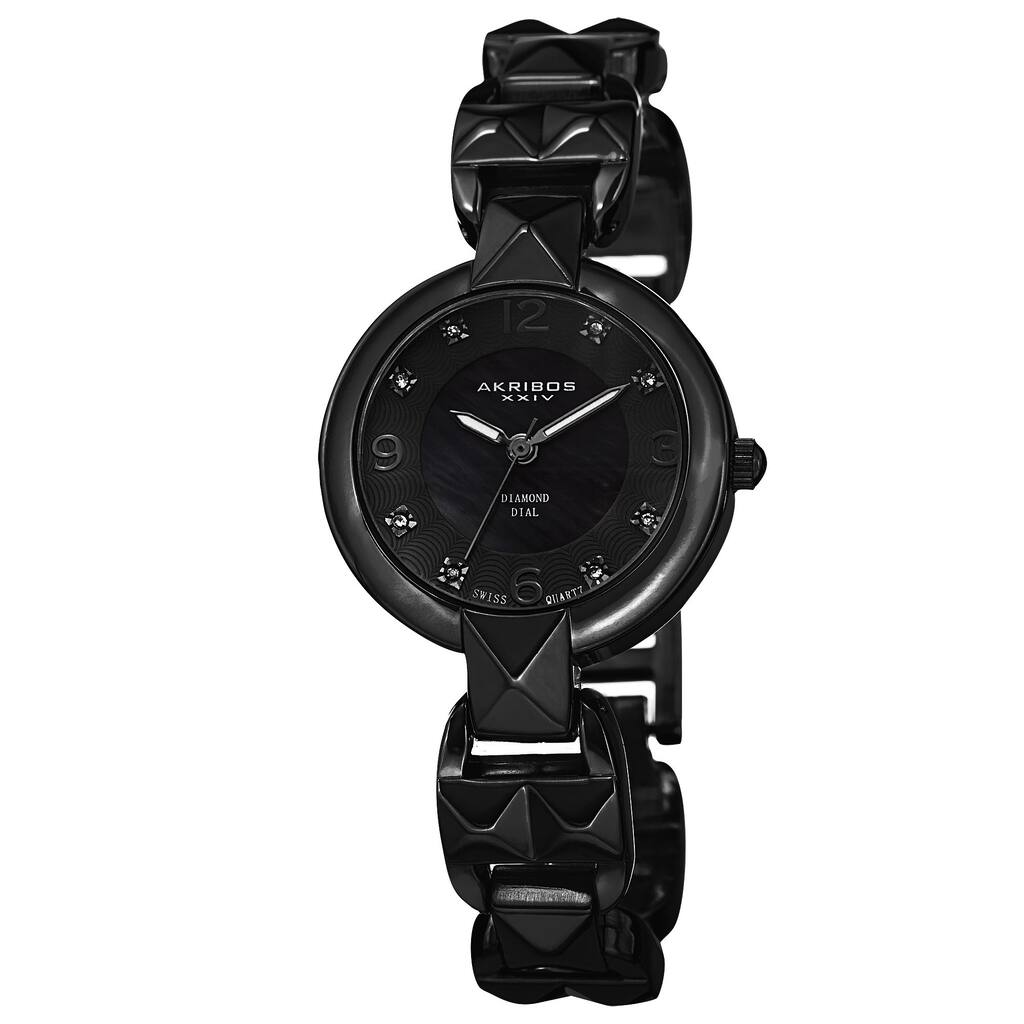 Akribos XXIV Women's Diamond-Accented Swiss Quartz Pyramid Cut Black Bracelet Watch