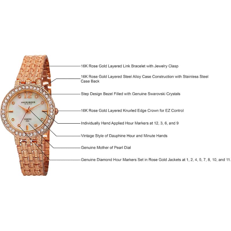 Akribos XXIV Women's Swiss Quartz Diamond-Accented Dial Rose-Tone Bracelet Watch