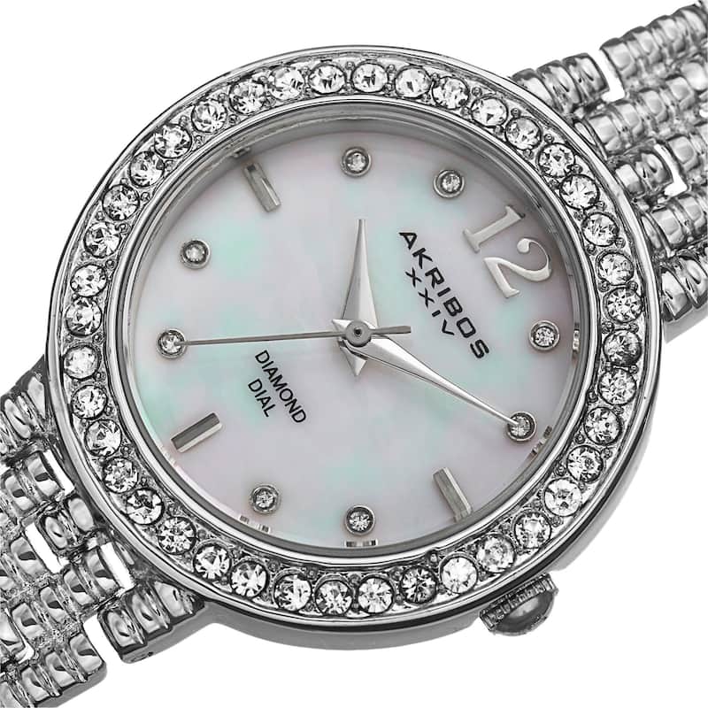 Akribos XXIV Women's Swiss Quartz Diamond-Accented Dial Silver-Tone Bracelet Watch