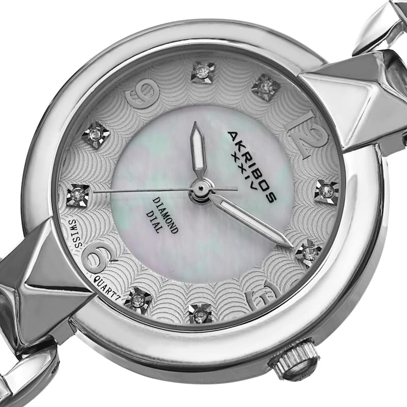 Akribos XXIV Women's Diamond-Accented Swiss Quartz Pyramid Cut Silver-Tone Bracelet Watch