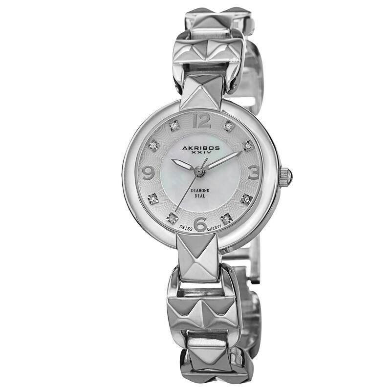 Akribos XXIV Women's Diamond-Accented Swiss Quartz Pyramid Cut Silver-Tone Bracelet Watch