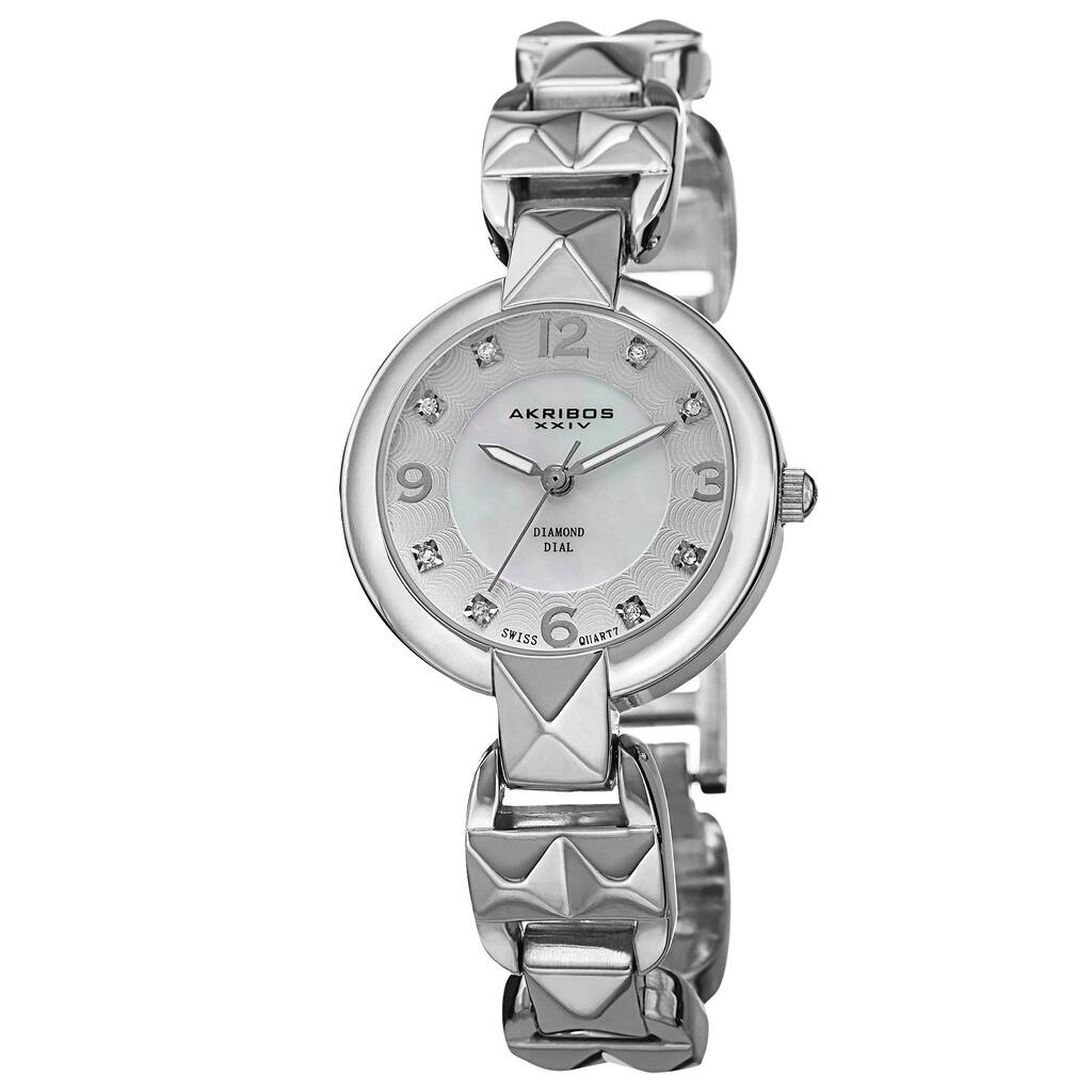 Akribos XXIV Women's Diamond-Accented Swiss Quartz Pyramid Cut Silver-Tone Bracelet Watch