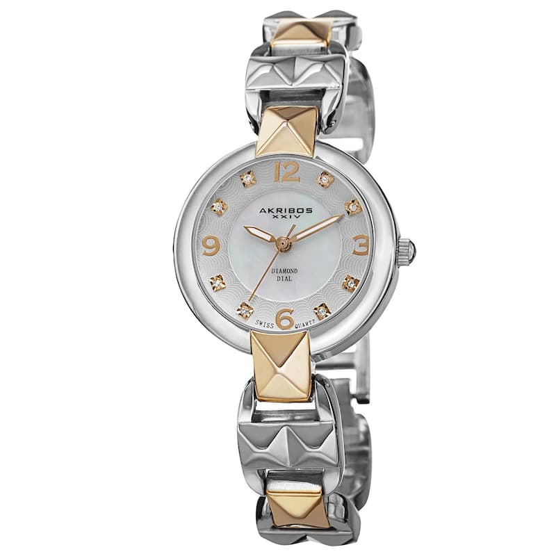 Akribos XXIV Women's Diamond-Accented Swiss Quartz Pyramid Cut Two-Tone Bracelet Watch